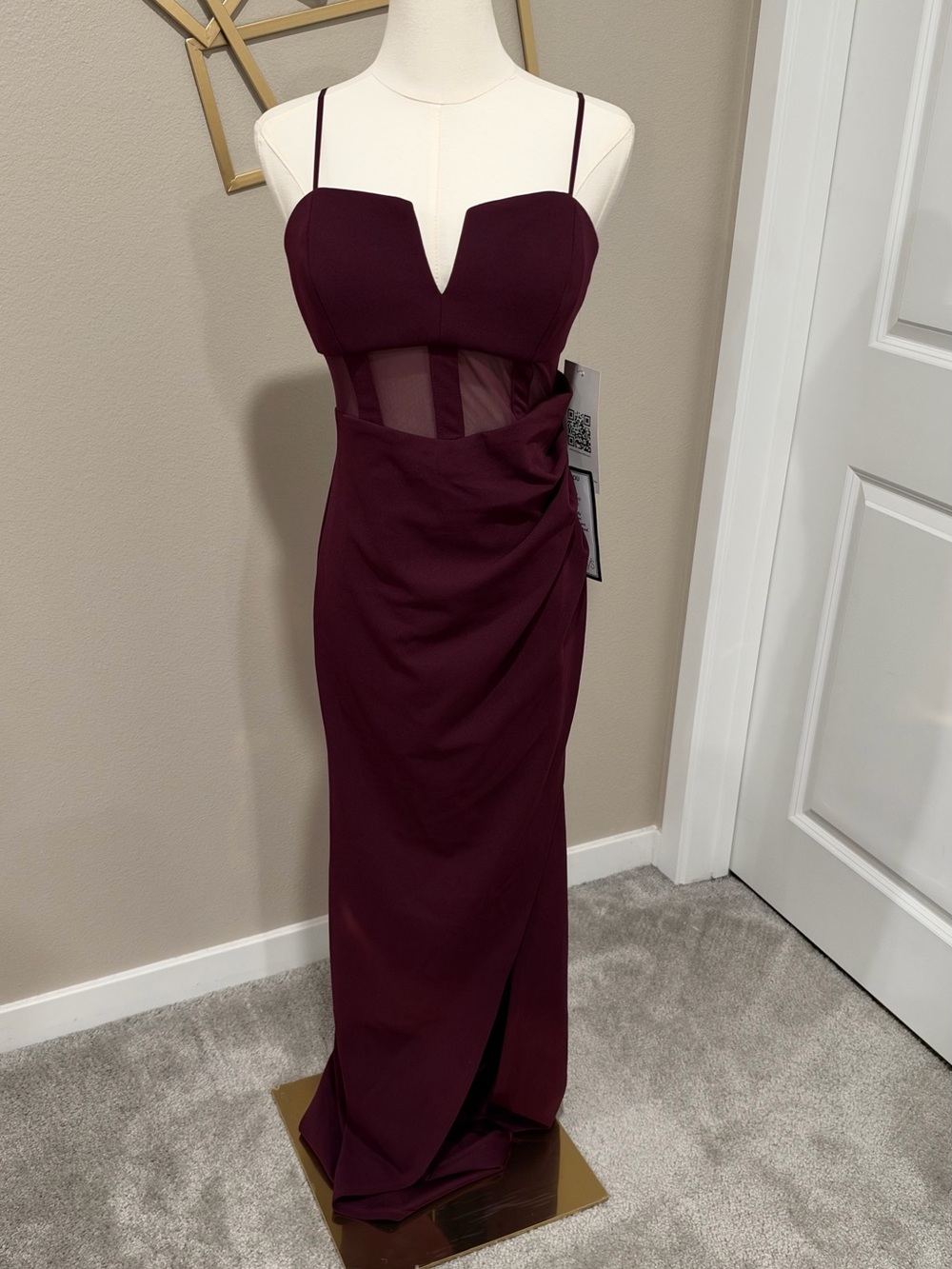 Emerald Sundae Spaghetti Strap Mesh Corset Gown in Wine